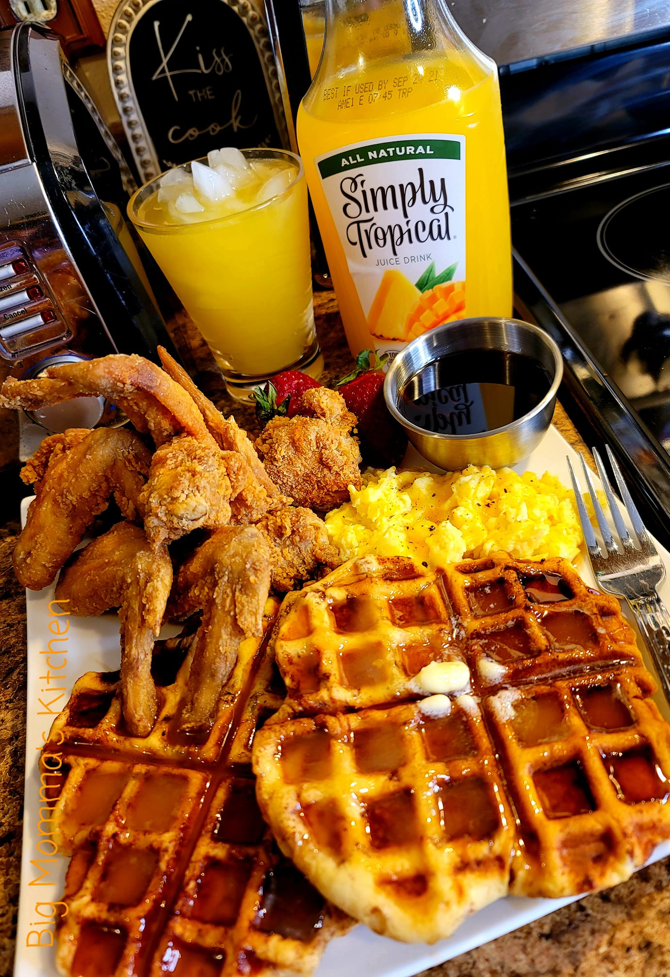 SOUTHERN FRIED CHICKEN AND WAFFLES WITH SPICY HONEY BUTTER SAUCE